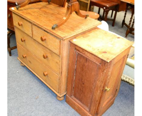A pine pot cupboard together with a pine three height chest of drawers 