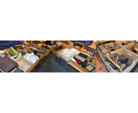 A collection of items including enamel basin, soap blocks, pianola rolls, etc