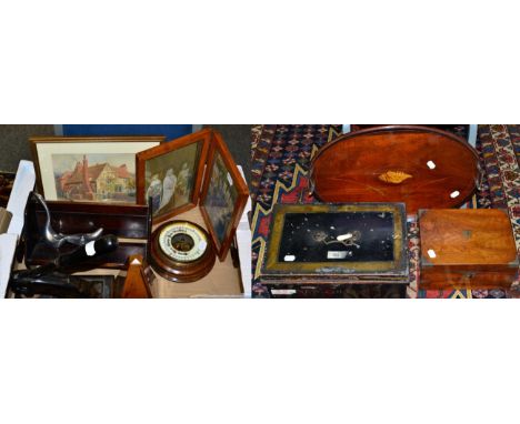 Sundry items including writing slope, book trough, metronome, barometer, deed box, Edwardian galleried tray, iron seal press,
