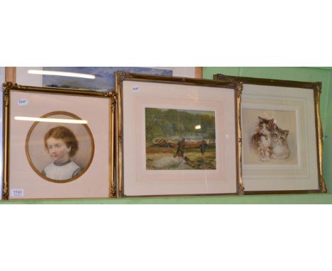 J Hoult (19th/20th century) Shoreline scene with boys and boats, signed, watercolour, together with a circa 1900 pastel and w