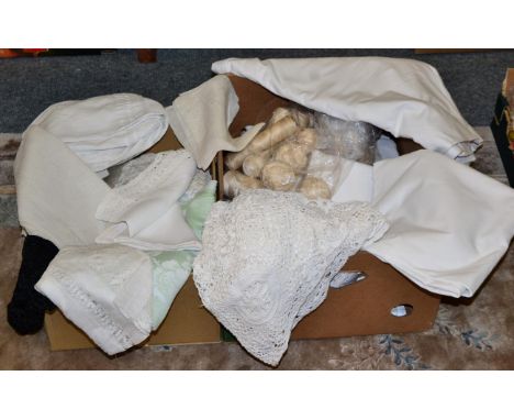 Assorted white linen, lace collar, lace mats, black maltese lace scarf, small quantity of sewing items and buckles, bed linen