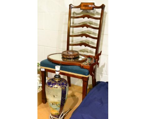 A mahogany chair, a mahogany toilet mirror and a Japanese satsuma vase on stand (mounted as a lamp) 