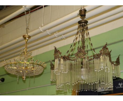 A pendant drop light fitting together with a glass bead and gilt metal light fitting (2)