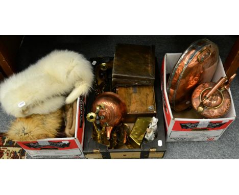 A group of 19th copper and brass, a pair or continental porcelain figurers, a Sevres crystal horses head ornament, together w