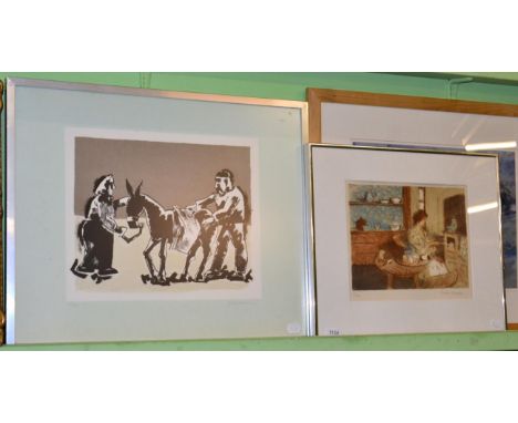 Josef Herman (1911-2000) ''Scene on the Shore'', signed and numbered 13/100, lithograph, together with a coloured interior sc