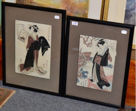 After Utagawa Toyokuni (1786-1864), The Second Month and The Plum Garden, woodblock prints, framed and glazed (2)