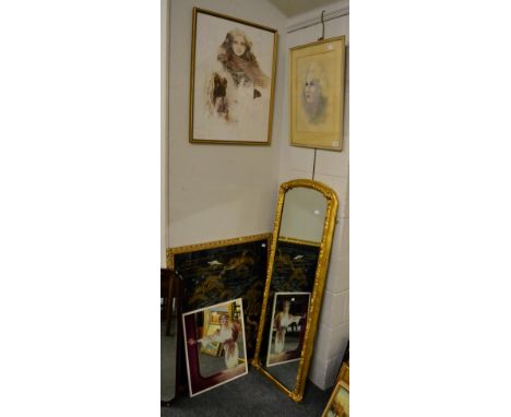 G E Machelle, portrait of a lady, dated 1962, together with two mirrors, a study of a lady and dog and Japanese embroidery (5