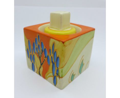 A Clarice Cliff Fantasque cube shaped inkwell, marked 458, very small chip on one corner of the top 
