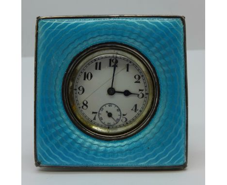 A hallmarked silver and enamel travel clock, dial a/f, 55mm 