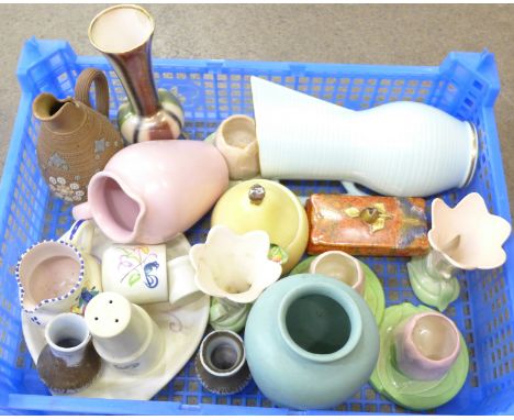 A collection of china including a Doulton Lambeth jug, a Poole breakfast stand, Carlton Ware, a Crown Devon jug, a Wilton War