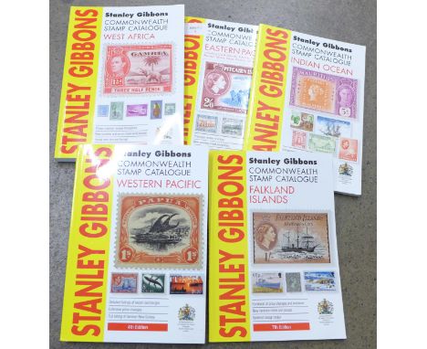Stanley Gibbons stamp catalogues (5), Commonwealth Western Pacific, Falkland Islands, Eastern Pacific, West Africa, Indian Oc