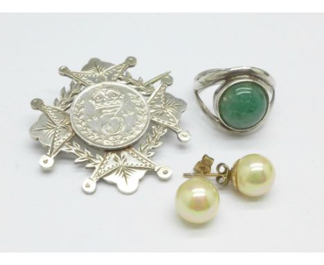 A pair of 9ct gold and pearl earrings, a silver fob converted to a brooch and a silver ring 