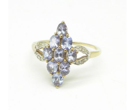 A 9ct gold, tanzanite and diamond ring, 2.2g, R 