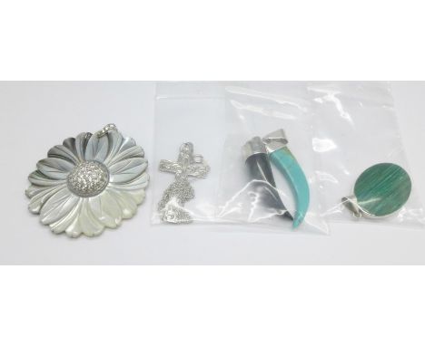 Four silver pendants including malachite set and a mother of pearl pendant 