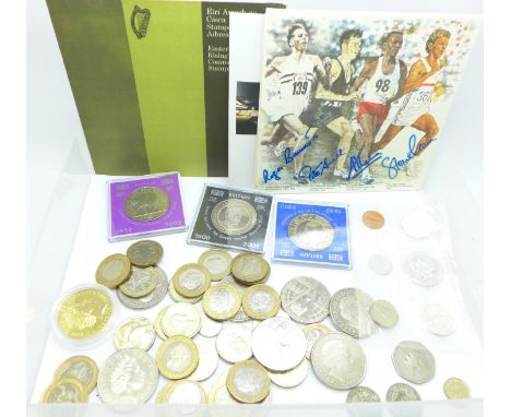 Twelve commemorative £5 coins, twenty-five £2 coins, a 1986 Commonwealth Games £2 coin, a set of five 1964 U.S. Philadelphia 