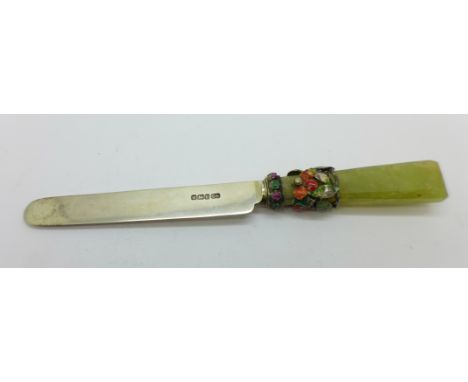 A silver, jade, enamel and stone set knife 