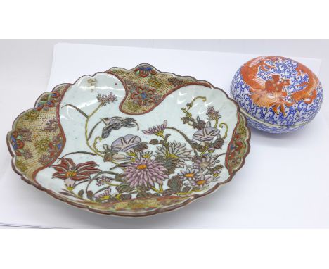 An enamel decorated dish and an oriental lidded pot 