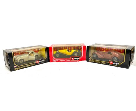 Selection 3 boxed Burago model vehicles, includes a Bugatti type 55, Jaguar XK 120, Bugatti Atlantic