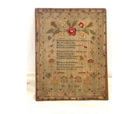 Antique sampler Mary Wale 1839, Approximate measurements: Width 13 inches, Height 16.5 inches