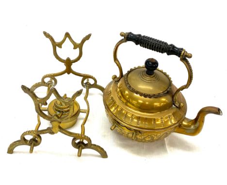 Ornate vintage brass kettle with stand, overall height (including stand) is approximately 12.5 inches.