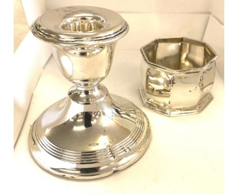 Small silver filled candle stick and a mustard pot without liner 