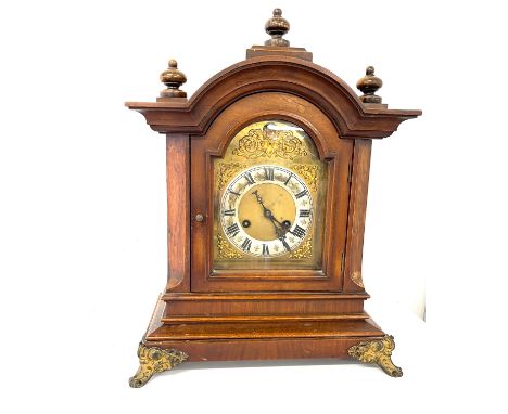 Antique mahogany bracket clock, untested, approximate measurements: Height 18.5, Width 14 inches