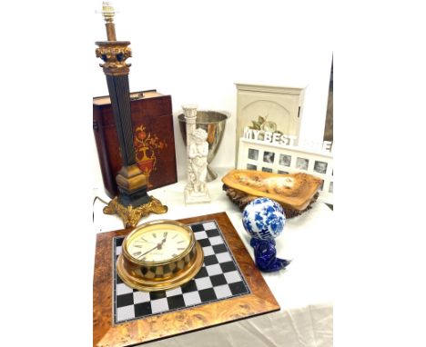 Large selection miscellaneous to include wooden fruit bowl, oriental ball on stand, column lamp, clock, key box etc 