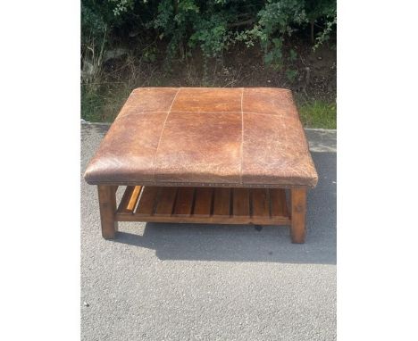 Large oversized vintage leather top footstool, approximate measurements: Height 19 inches, 43 inches squared