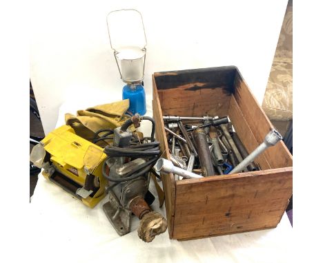 Large selection of tools in wooden crate 