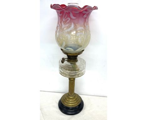 Large Victorian oil lamp, cranberry and vaseline shade, approximate height 25 inches, Shade width 9.5 inches