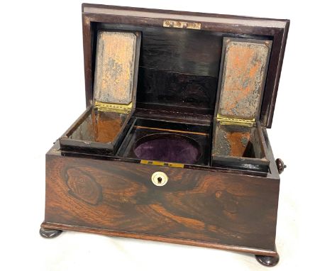 Coffin topped rosewood tea caddy, measures approx 8" tall 13" wide 7.5" depth