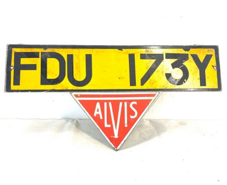Vintage metal Alvis trade plate, approximate measurements Width 20 inches, Height 10 inches