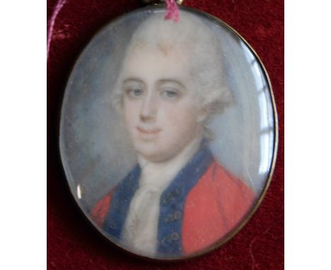 Miniature Portrait pendant 3x4cm of a male in 1770s Military uniform, watercolour on porcelain with gilt brass mount