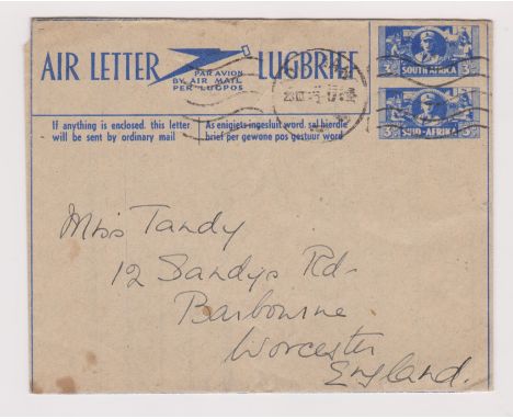 South Africa 1945 dual language Air letter posted to UK cancelled 23.3.45, Durban on pre-paid 3d pair violet boxed cancellati