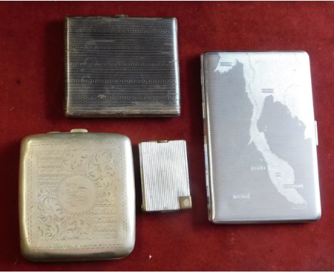 Cigarette cases, three vintage white metal cases and one well used lighter. 