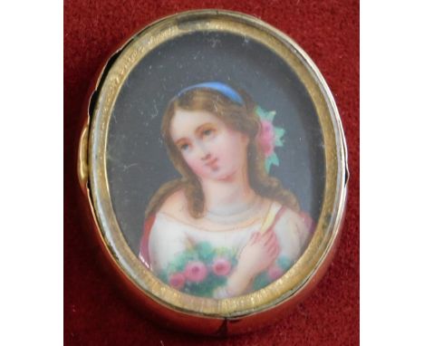 Miniature Portrait Brooch/box 3x3.5cm hand painted on porcelain. Damaged yellow metal frame and fractured glass back panel, t