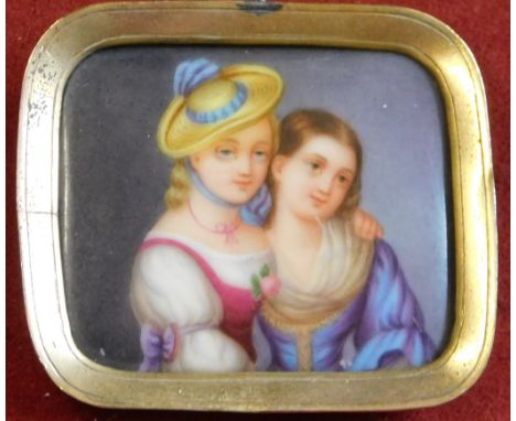 Miniature Portrait Brooch, 19th Century with two young ladies in Germanic dress. Enamel on porcelain with gilt rectangular fr