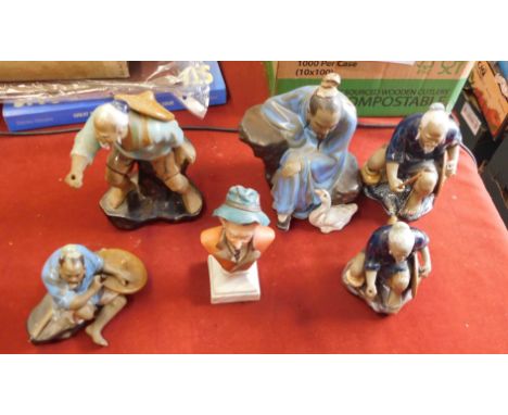 Chinese Mudman Figurines (6) Shiwan Glossy Clay Art Fisherman Figures in good condition, also one other ceramic figure. Buyer