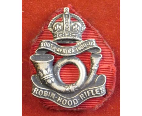 British WWI Nottinghamshire Volunteer Rifles (Robin Hood), Scarce king's crown blackened white metal field service cap badge 