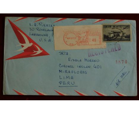 USA 1957 Airmail envelope posted registered to Lima Peru, cancelled with dumb stroke on SG A948 10c air Lansdowne PA 40c mete