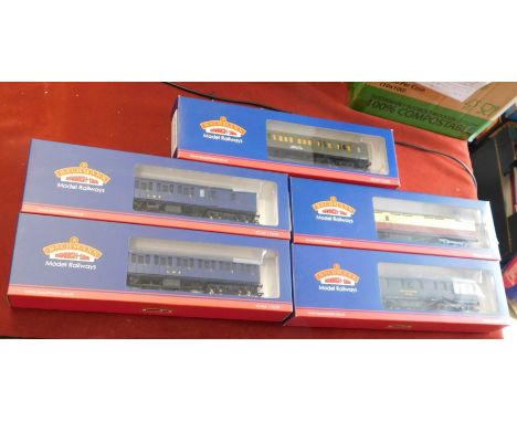 Bachmann Branchline Coaches (5) -  34-330-LN01, 34-651B-LN03, MK1 Suburban Second Brake LMR Blue (2), 34-253-LN03 unused, box
