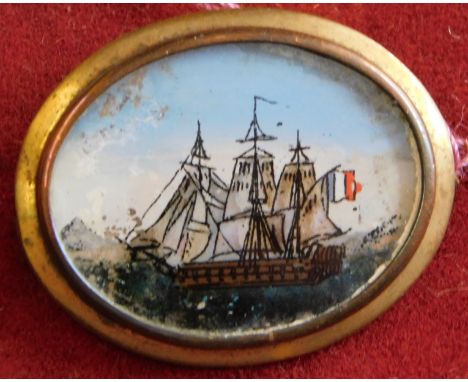 Miniature Portrait brooch 2.5x3cm Sea scape brooch. Painted on porcelain, unusual subject depicting a French 18th century Nav