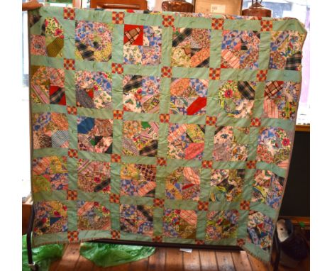 Quilt - sashings pale green and posts fruit design surround a four patch design this is a coverlet rather than a quilt 79" x 