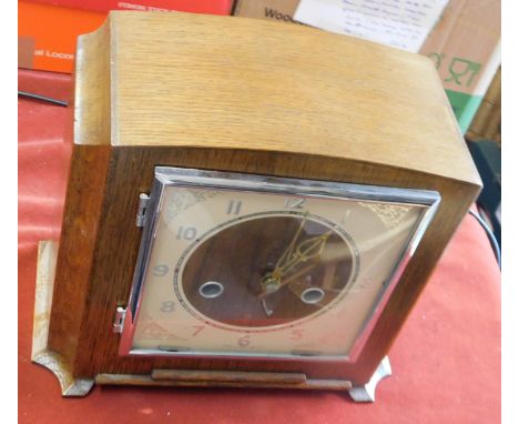 British made 1930s Smiths (English Clocks Ltd) Art Deco Enfield chime mantel clock, light oak body with chromed dial. Needs t