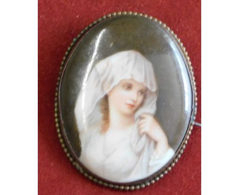 Miniature Portrait Brooch 4x5cm oval brooch with portrait of a 19th century lady dressed in a white gown, enamel on porcelain