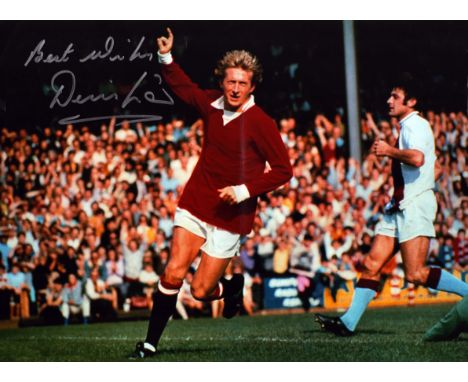 Denis Law signed 16x12 inch colour photo pictured celebrating while playing for Manchester United. Good condition. All autogr