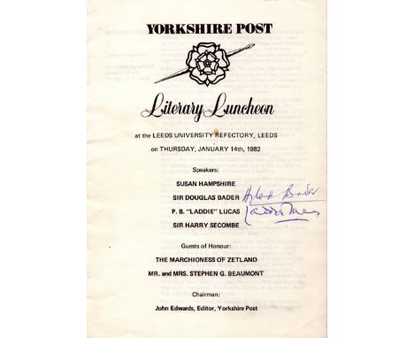 WW2 BOB fighter aces Douglas Bader and P.B Laddie Lucas Hand Signed Lunch Programme. Yorkshire 1982. WW2 RAF Battle of Britai
