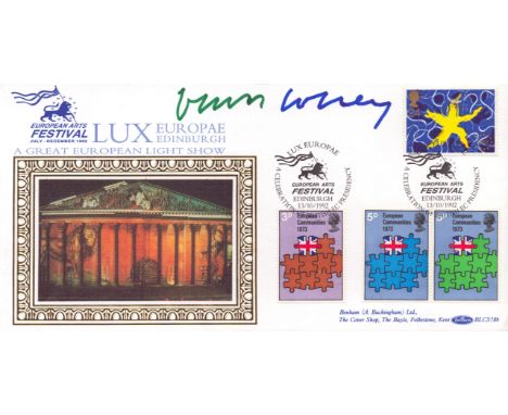 David Hockney, a signed (in green and blue ink) 1992 European Arts Festival Silk FDC with insert. The stamp, (top right) was 