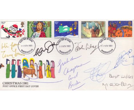 Monty Python, a Christmas 1981 FDC. Signed by six: Graham Chapman, (adding 'and Brian' with arrow to crib), John Cleese, Mich