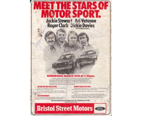 Ari Vatanen, Jackie Stewart and Dickie Davis signed promotional A4 leaflet. Some markings and creases. Good condition. All au